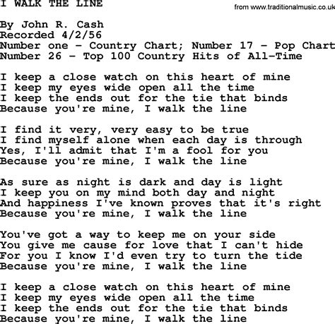 Walk line lyrics - Jun 15, 2022 · 8 1.7K views 1 year ago Johnny Cash sings 'I Walk the Line' from the 1969 Sun compilation album 'Johnny Cash and the Tennessee Two Original Golden Hits Volume 1'. This song was written by... 